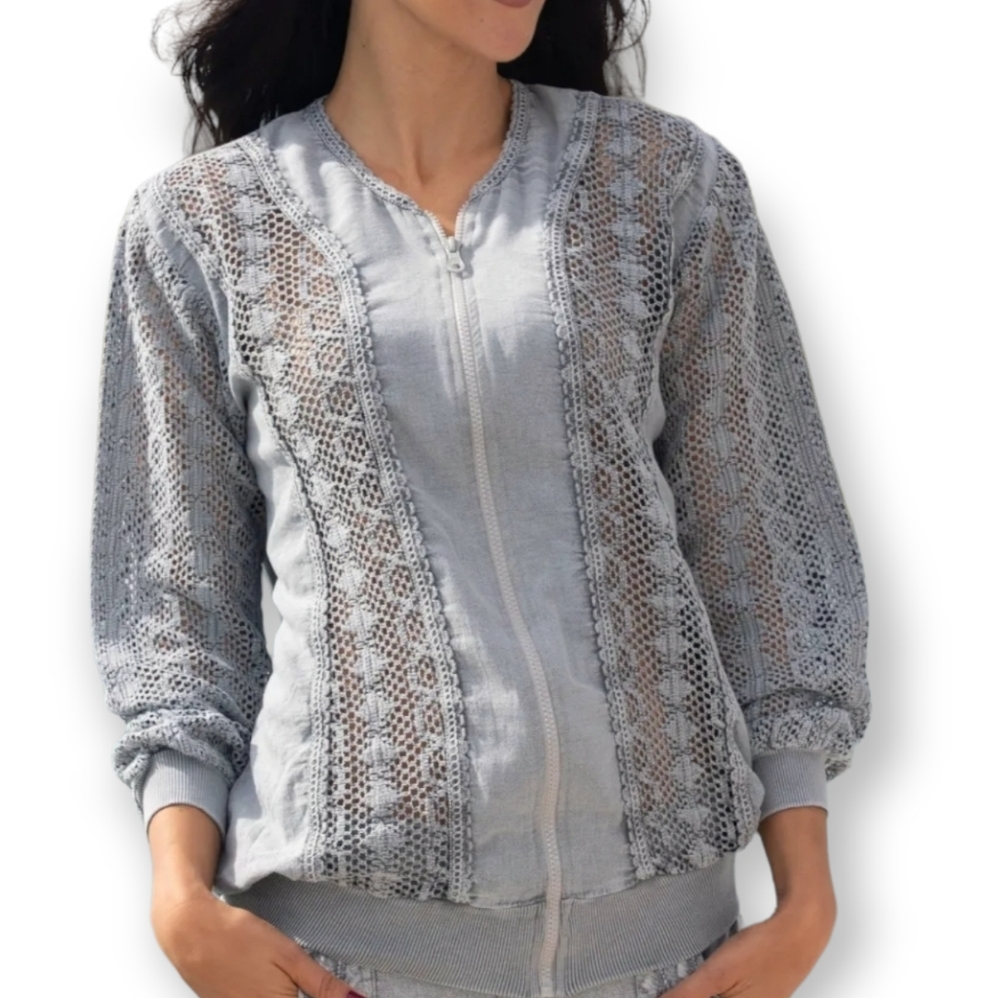 ⚡️$5 Cotton Natural Seaside Fossil Zip Front Crochet Knit Top/Jacket - Gray